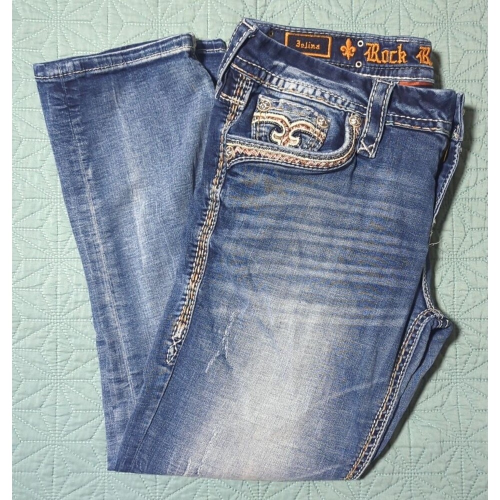 Rock Revival Felina Jeans Easy Crop Sz 28 Women’s Blue Distressed Embroidered - Picture 2 of 15